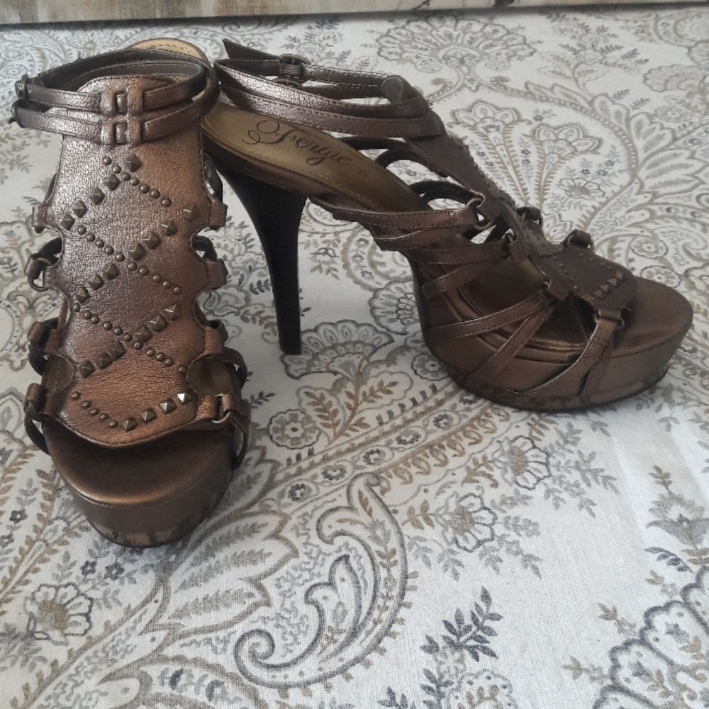 Fergie Studded Bronze Heel Sandal sz 8.5